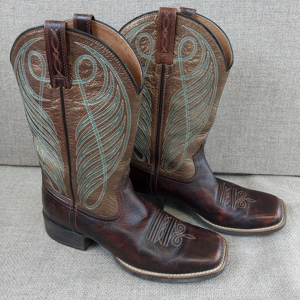 Ariat Womens Round Up Square Toe Western Boot Yukon Brown Gold 10016317  Size 9B